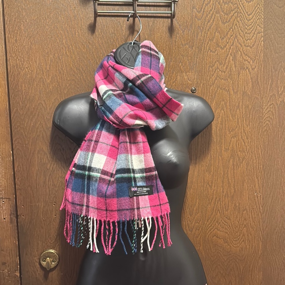 Vibrant Pink and Blue Woven Scarf with Fringe